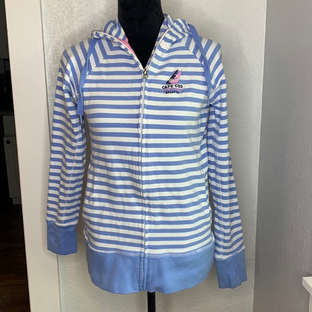 Cuffy's Cape Cod blue white striped full zip hooded sweatshirt pockets